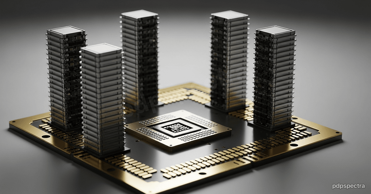 Macro view of a stacked HBM memory cube beside a processor die on an interposer