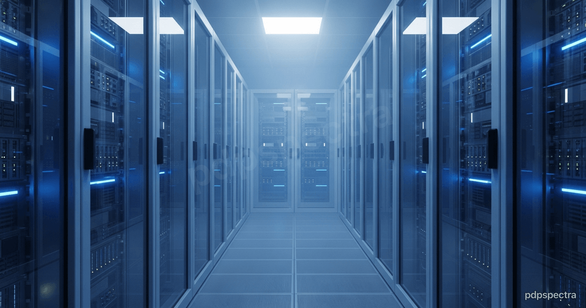 A server rack cold aisle lit by rows of status LEDs