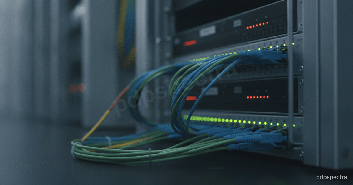 Network cabling and server racks with status lights in a hospital data center