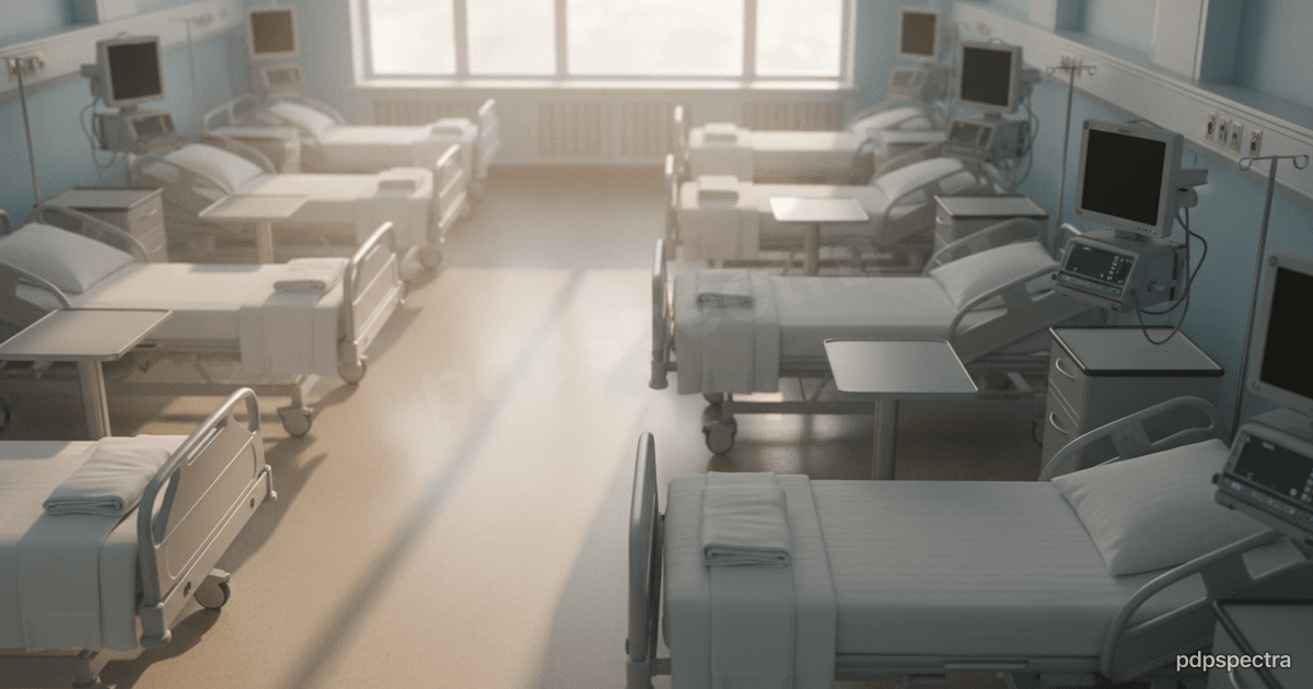 An empty hospital ward with neatly arranged beds in soft morning light