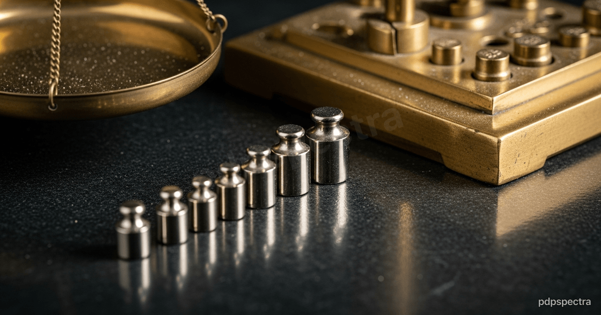 Brass balance scale with machined weights on a dark stone counter
