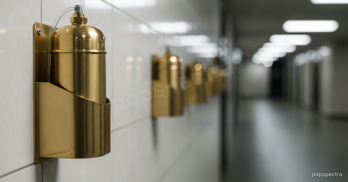 Pneumatic tube station with brass carrier canister on a tiled corridor wall