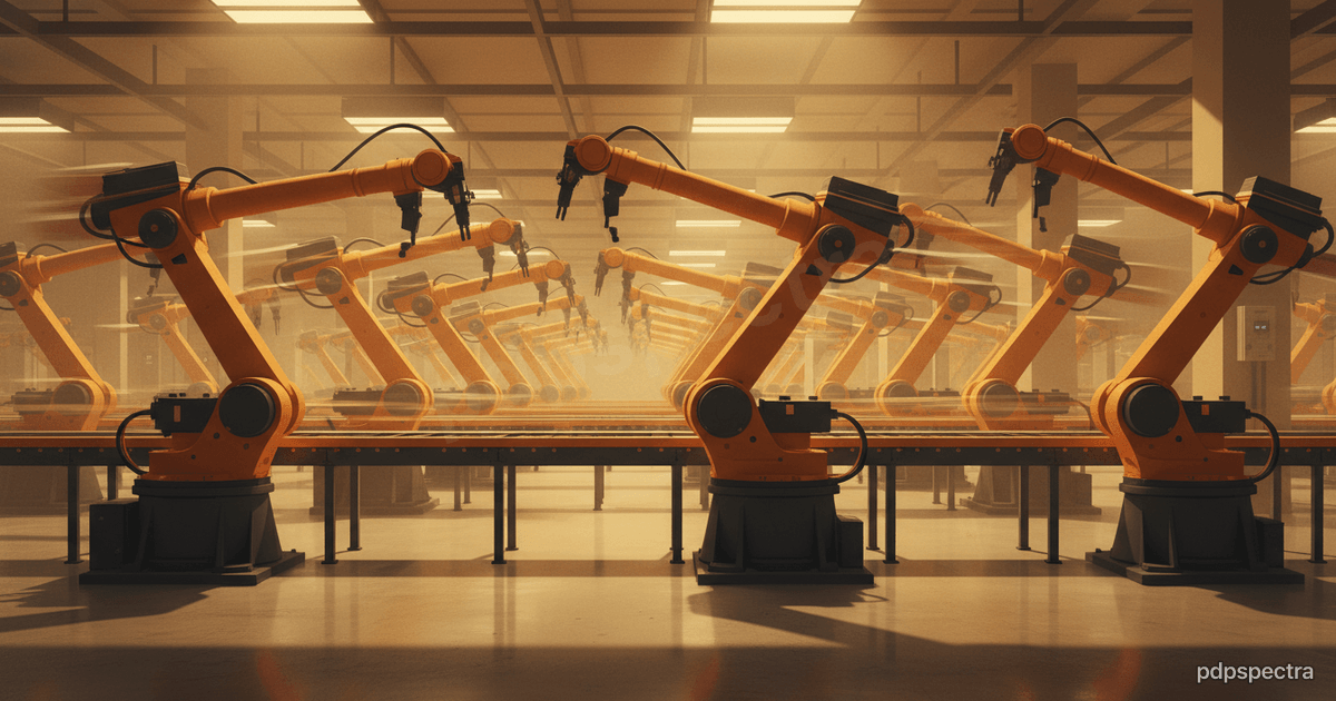 Factory floor with multiple industrial robot arms