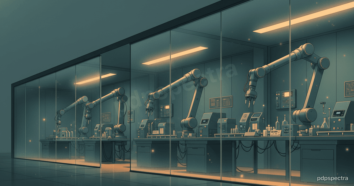Cloud-lab facility with rows of automated workstations and robotic arms