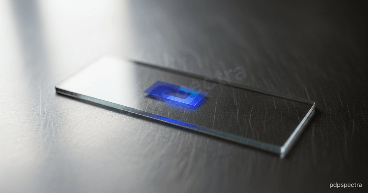 Macro photograph of a fluorescent sample slide on a lab bench