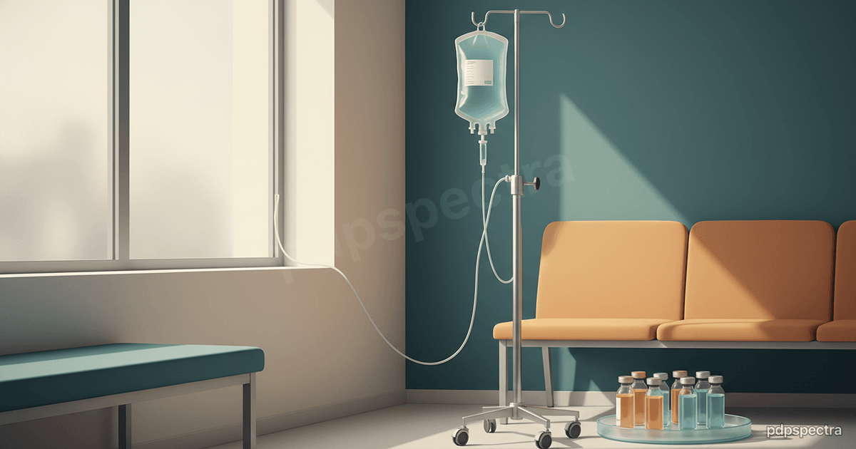 Oncology clinic with IV stand and personalized vaccine vials