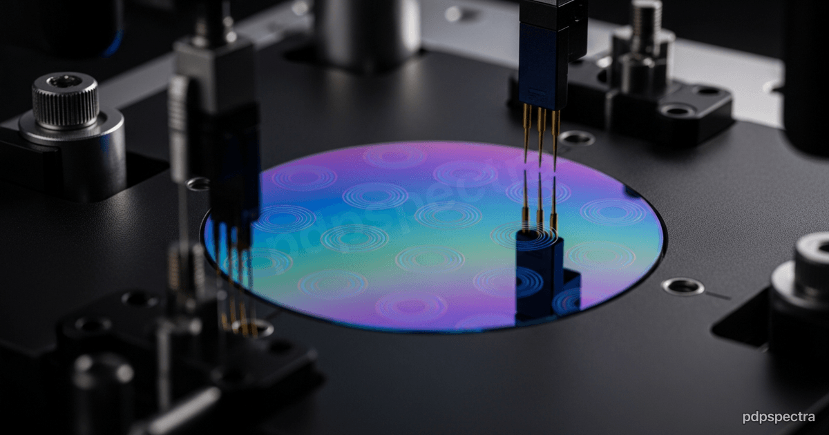Macro photograph of a silicon wafer reflecting iridescent light on a probe station