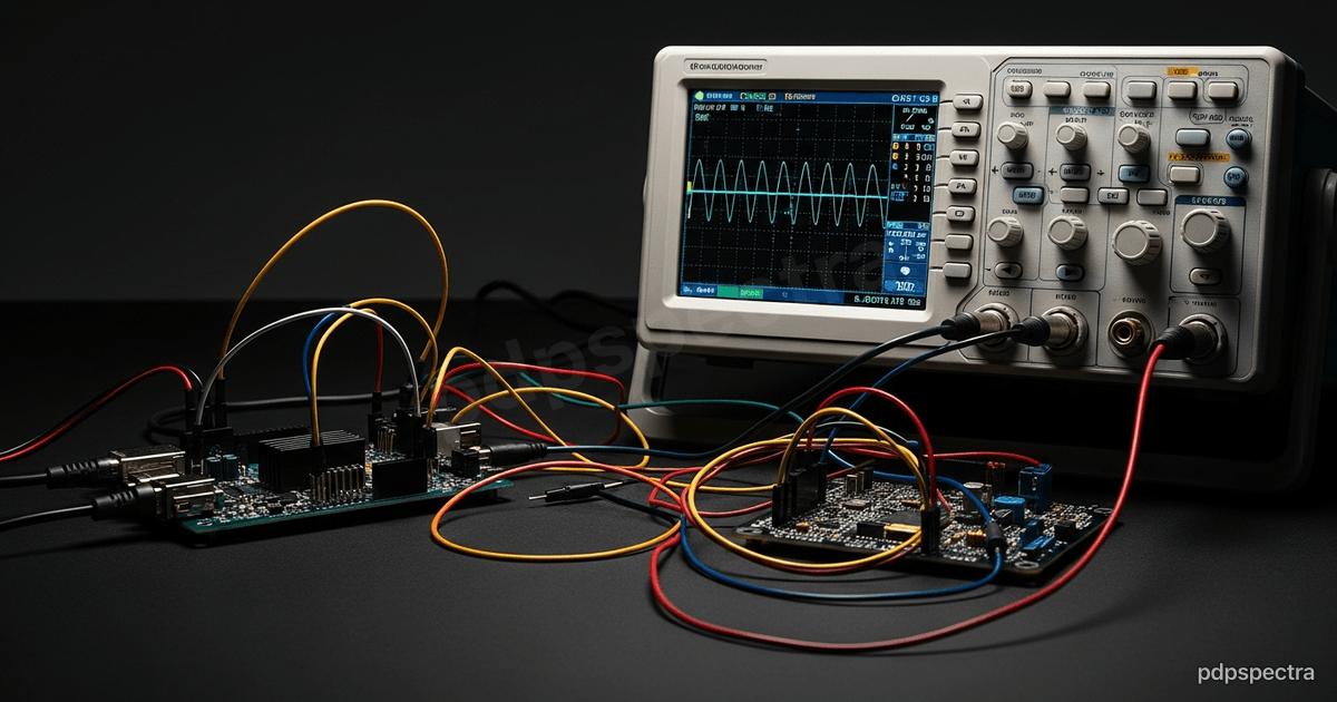 Lab bench with an oscilloscope showing sparse voltage spikes and a development board