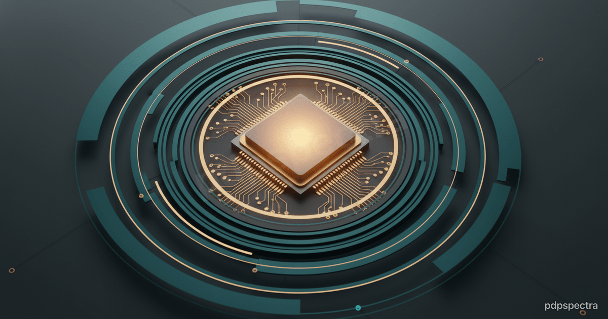 Stylised motherboard cross-section with glowing accelerator block and concentric data rings representing AI PC silicon