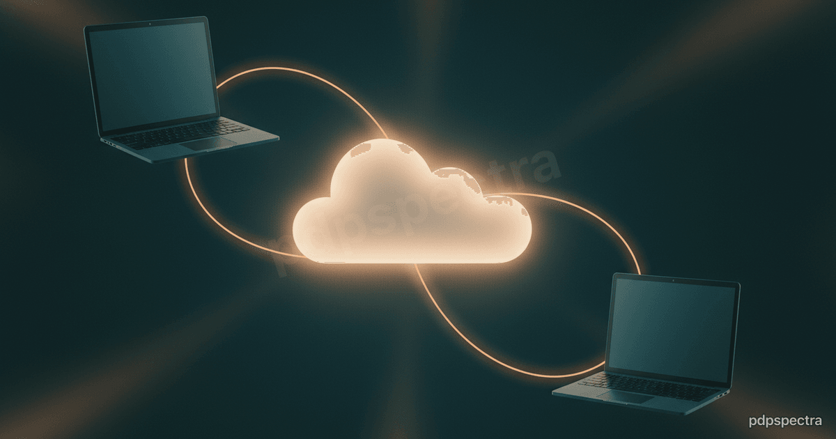 Two floating laptop silhouettes connected by glowing arcs to a small cloud, representing the on-device versus cloud agent split