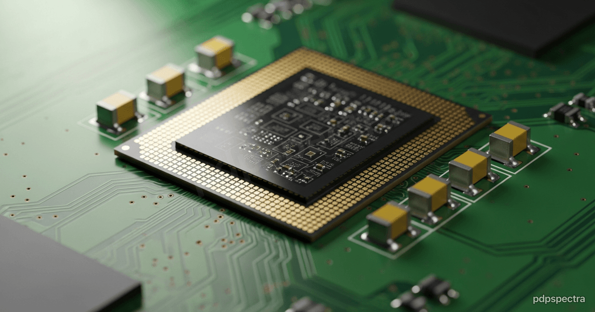 Macro view of a GPU package with surrounding stacked memory on a board