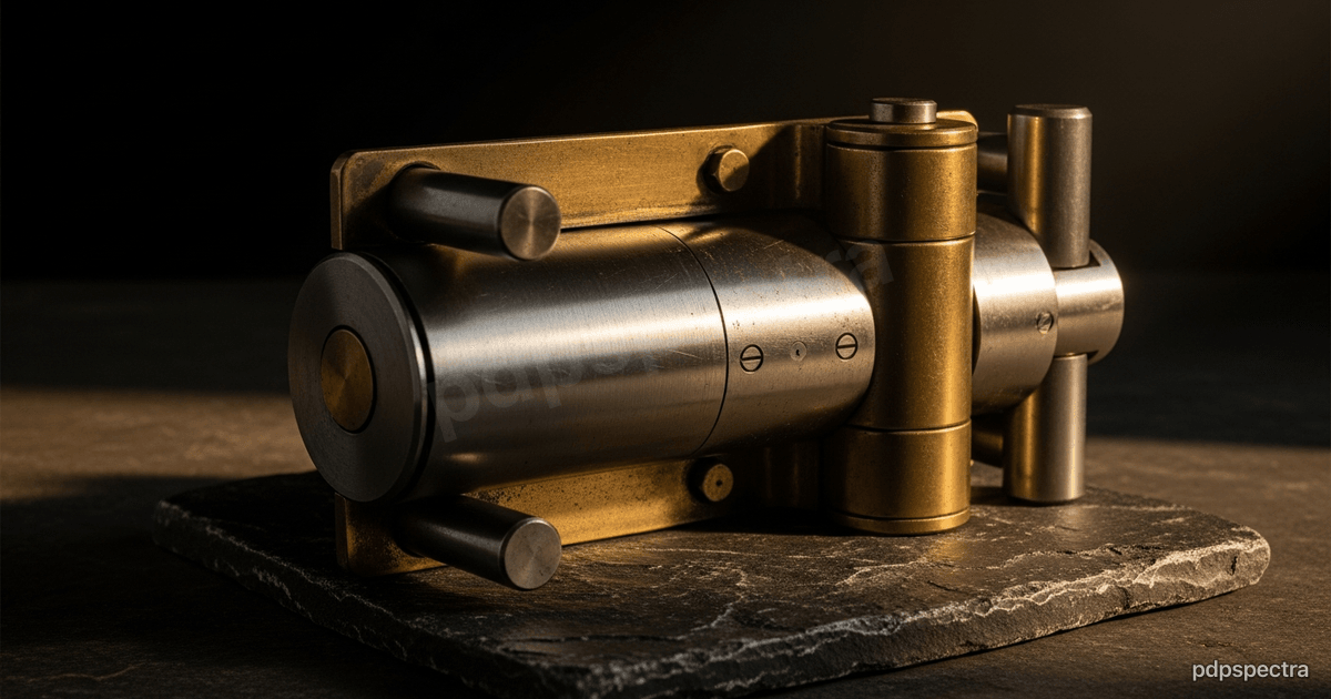 Heavy brass and steel vault hinge on dark stone
