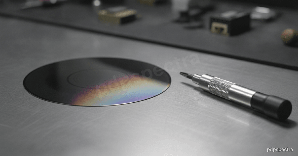 A bare silicon wafer beside a precision tool on a workbench