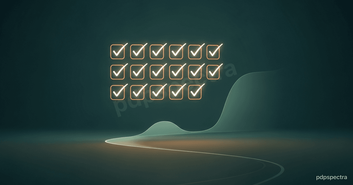 A procurement checklist as a clean grid of glowing checkmarks over a faint cloud-spend curve