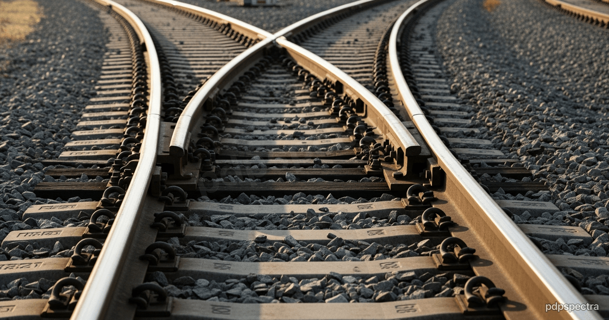 A steel railway switch where one track diverges into three