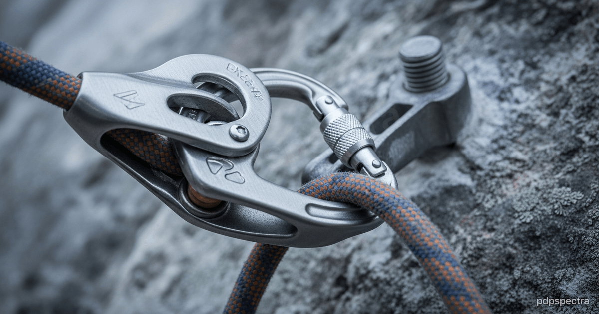 A climbing rope threaded through a steel belay device clipped to a rock anchor