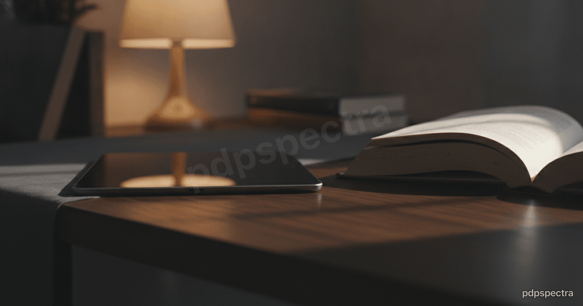 A study desk at dusk with a closed laptop and a warm lamp