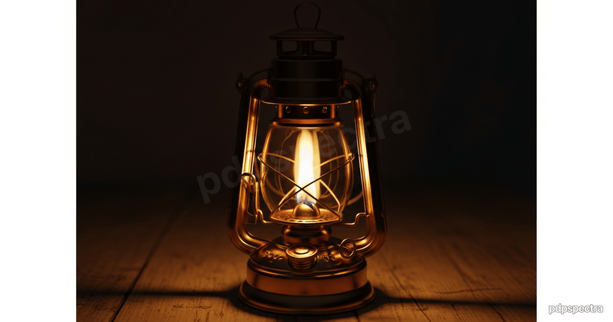 A hurricane lantern burning in an unlit room