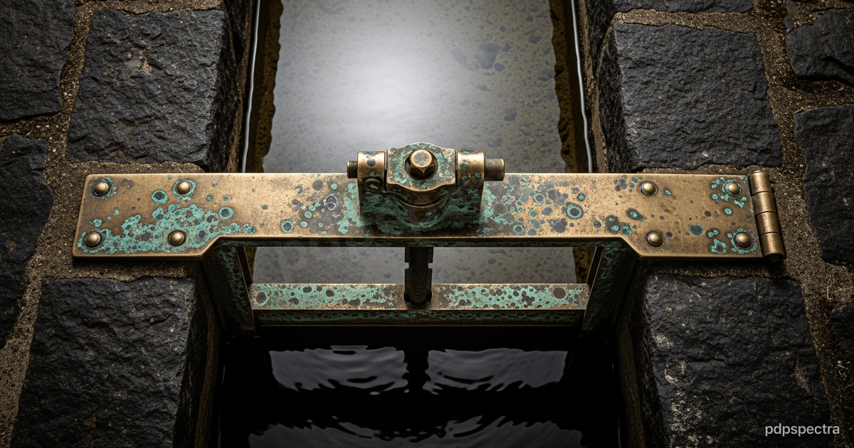 A brass sluice gate holding back still water in a stone channel