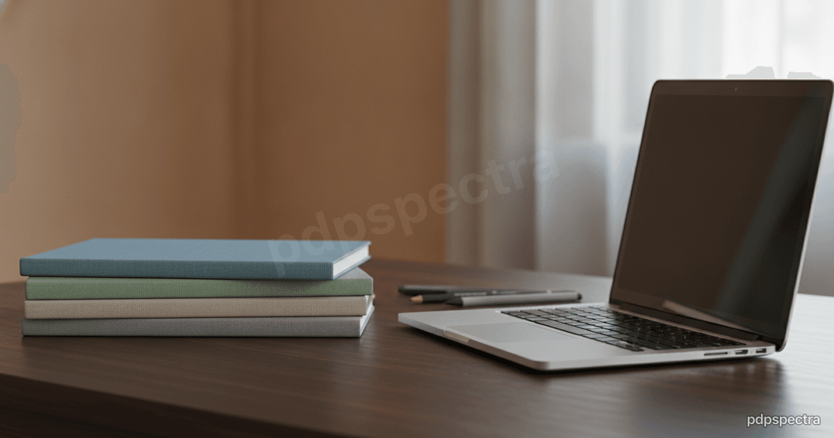 A teacher's desk with paper gradebook and a tablet showing soft coloured bars