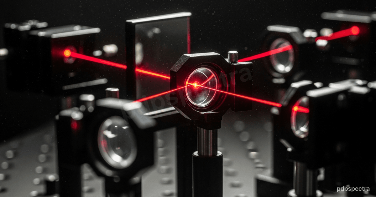 Optical bench with collimated laser beams passing through beam splitters and mirrors
