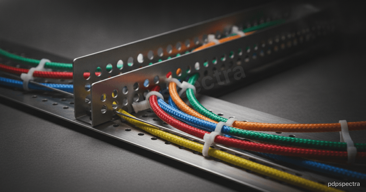 Color-coded cables routed through a steel cable tray