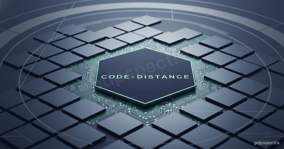 Quantum processor close-up showing a surface code lattice with code distance highlighted
