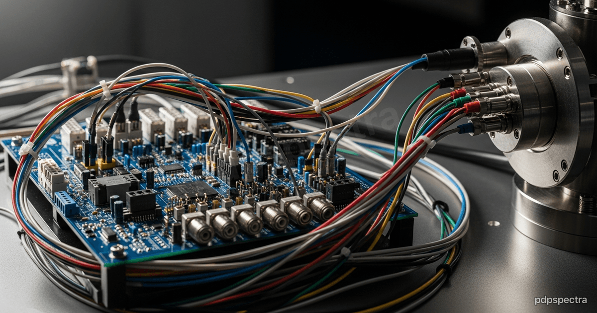 Printed circuit control board wired to a quantum cryostat input with dense connectors and coaxial cabling