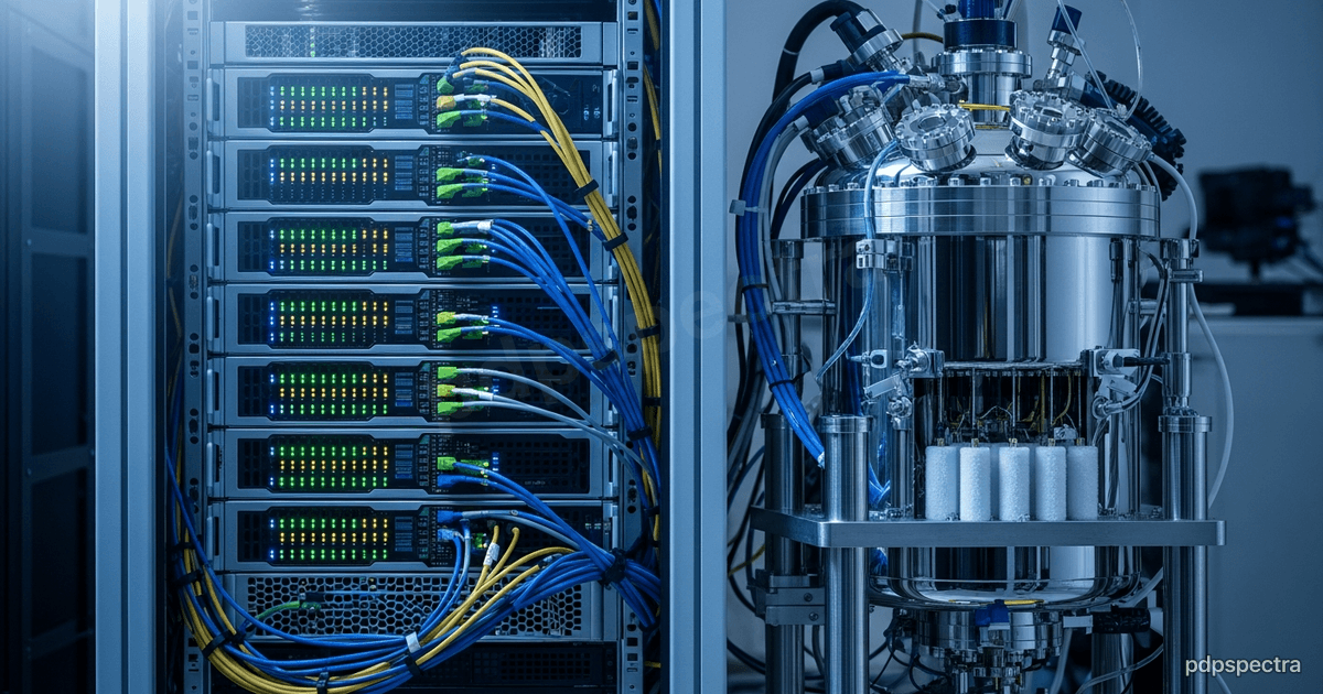 Rack of GPU servers beside a quantum cryostat in a hybrid computing lab with blinking status lights
