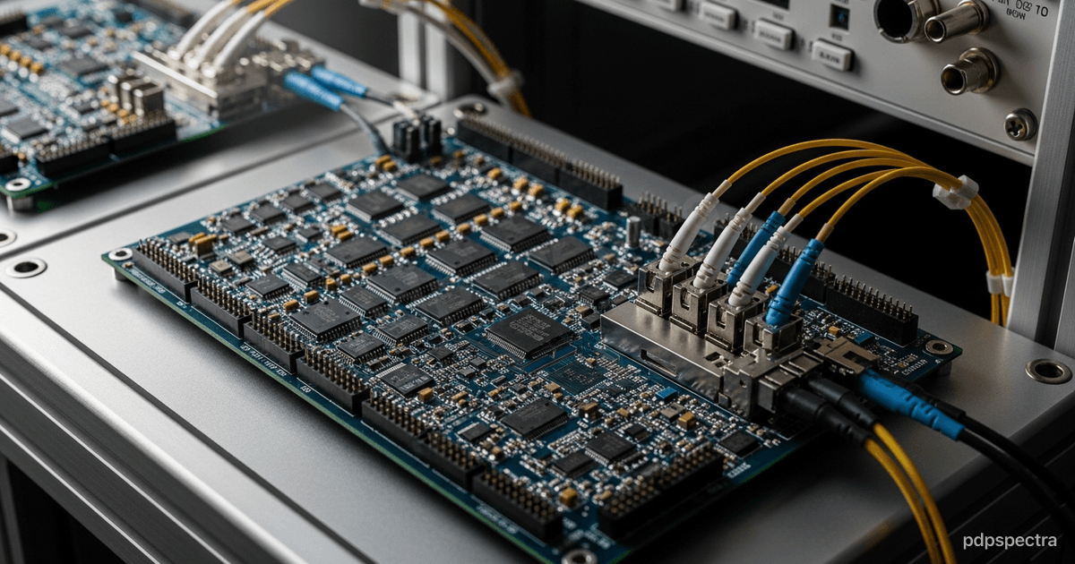 FPGA control board with dense surface-mount components and fiber-optic links in a quantum control rack