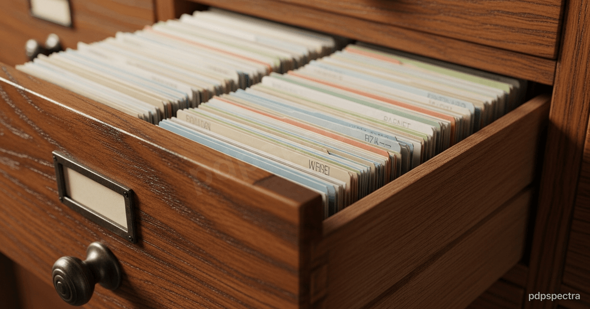 Open filing cabinet drawer packed with mismatched index cards