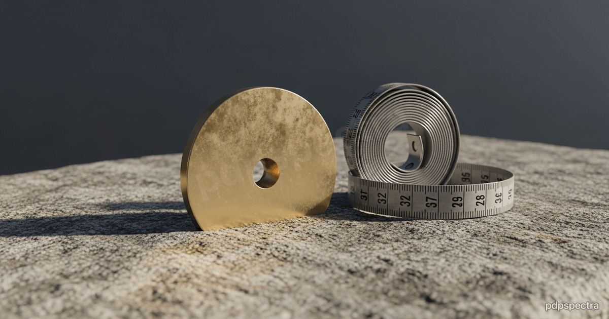 Brass survey benchmark disc set into weathered granite beside a measuring tape