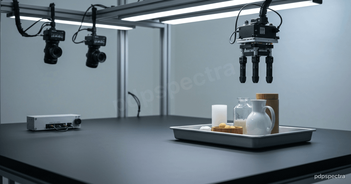 Robotic arm over a workbench of machined parts