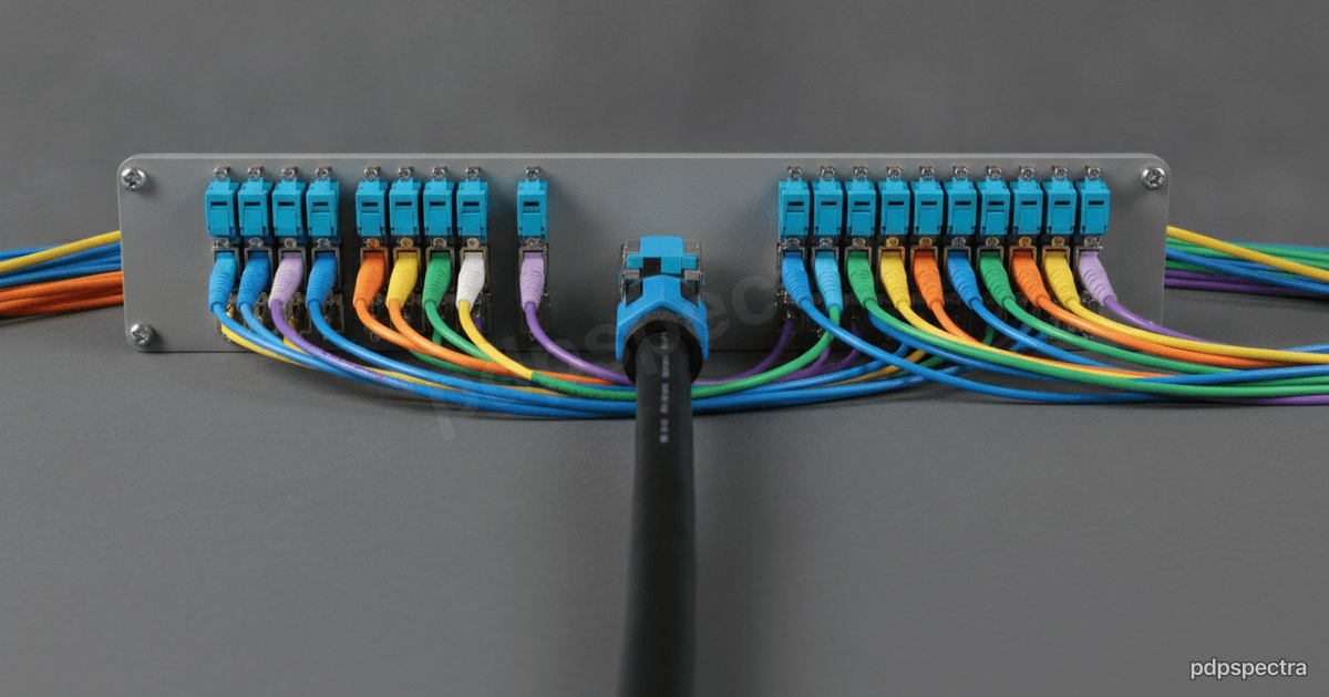A patch panel with many colored cables converging into a single trunk line