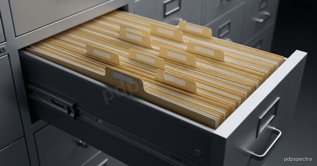 Open steel filing cabinet drawer packed with manila folders