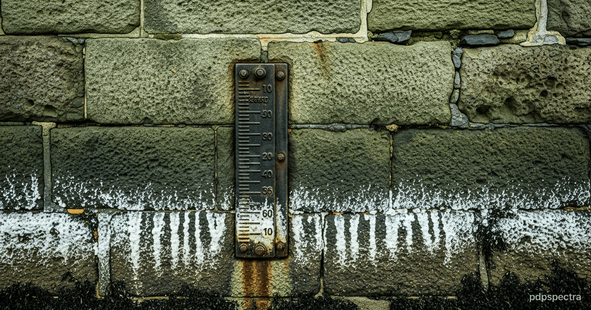 Cast-iron tide gauge bolted to a weathered harbour wall