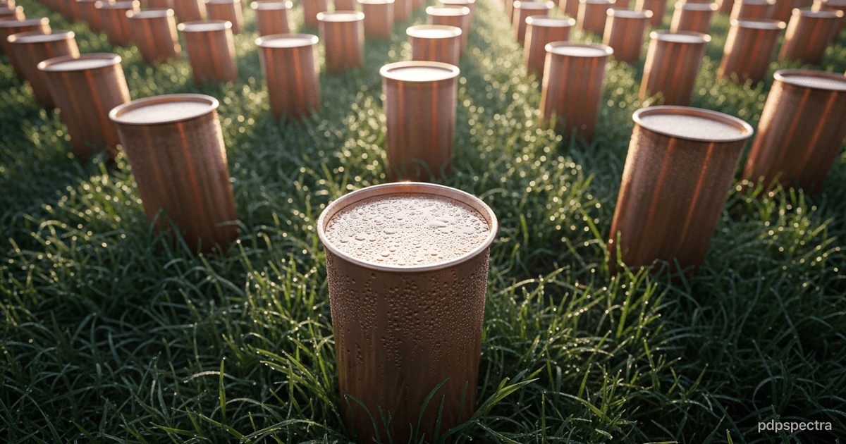 Copper rain gauges standing in wet grass at dawn