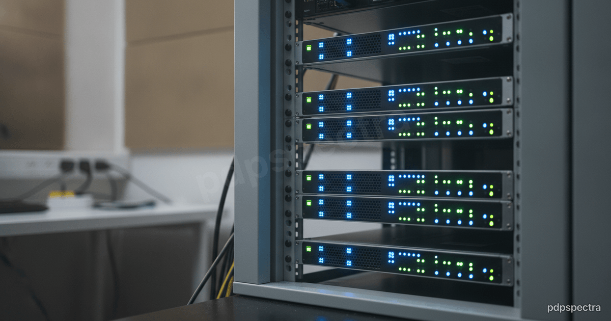 A clean server rack with glowing status lights in a school IT room