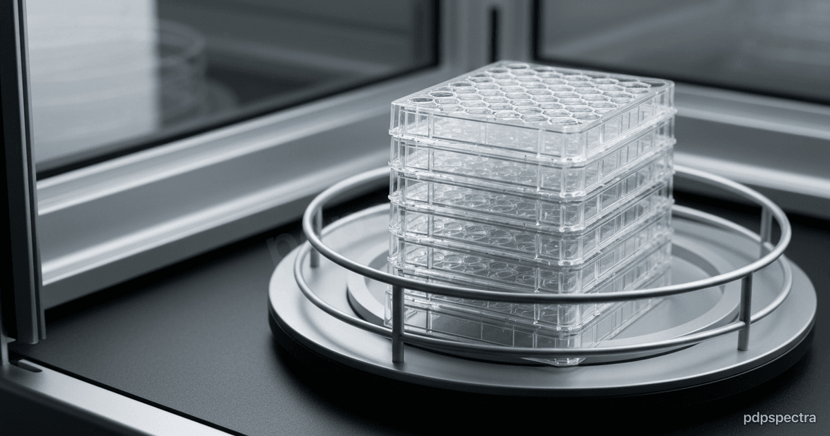 Robotic arm moving microplates inside a laboratory automation workcell