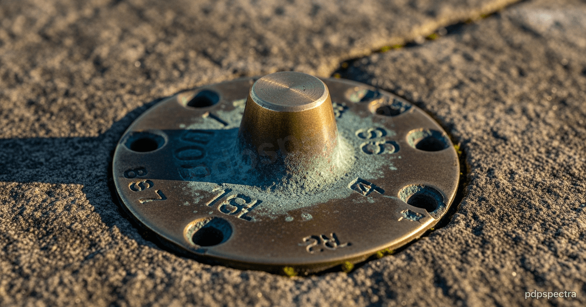 A brass surveyor's benchmark disc set into weathered stone