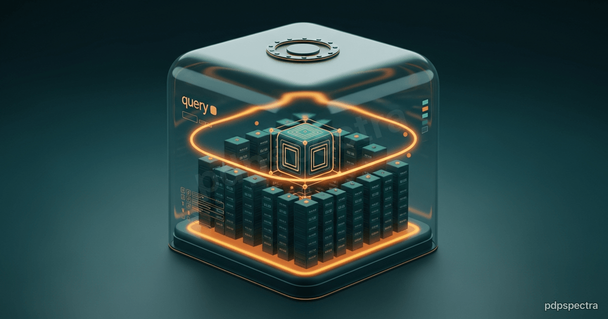 A glowing reasoning model descending into a governed data lake ringed by a fine lattice fence