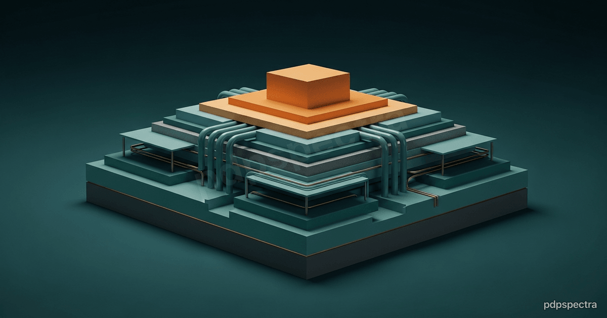 A layered foundation diagram, a small model block resting atop deep broad strata of pipelines and tables