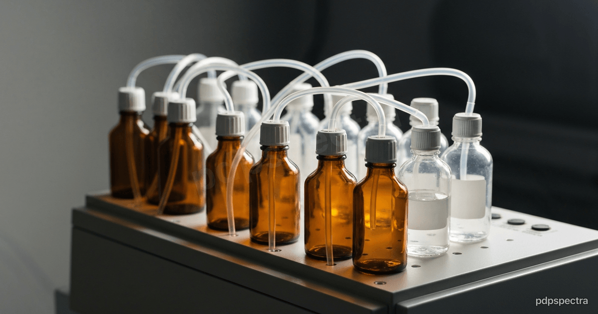 Benchtop DNA synthesizer instrument with reagent bottles and tubing